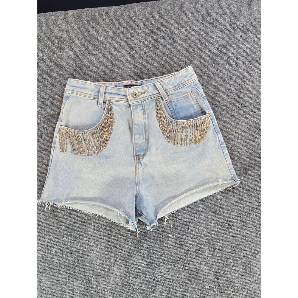 Rhinestone Fringe Denim Shorts Women's 28 Waist (Tag 38) Light Wash Festival